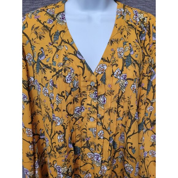 Rose Olive Peasant Top 1X Yellow Peacock Artsy Whimsical 3/4 Sleeve Flowy - Picture 2 of 16